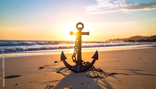Anchor on sandy beach at sunset, horizon visible. Chain attached, ocean waves, warm colors. Serene scene