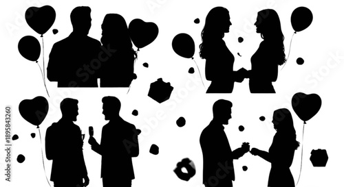 Silhouettes of couples celebrating with balloons