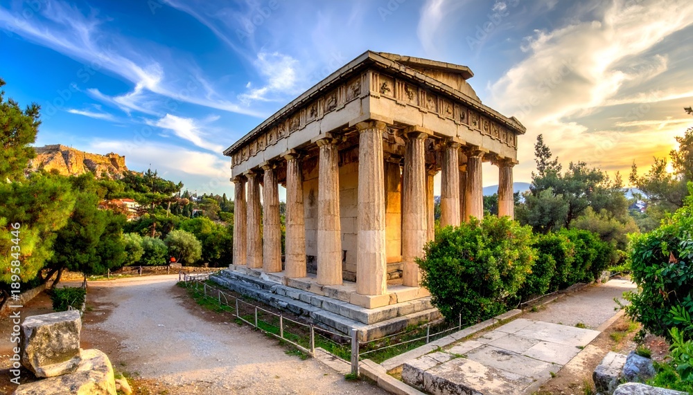 Fototapeta premium Ancient temple with tall columns under a vibrant sky, greenery surrounds it