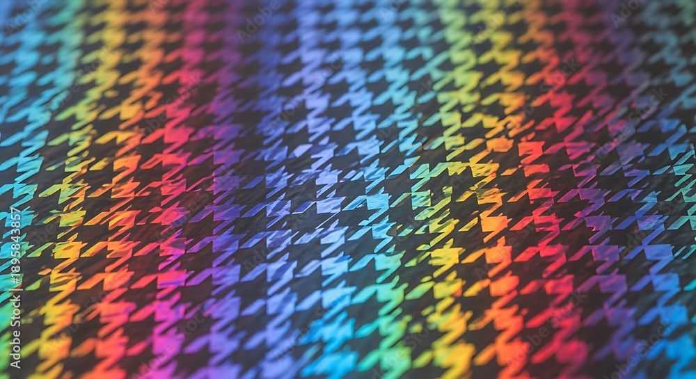 Obraz premium A mesmerizing full-frame view of a houndstooth pattern displays a brilliant holographic rainbow effect across its surface.