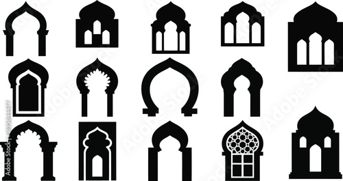 Collection of islamic archway and window silhouettes with geometric