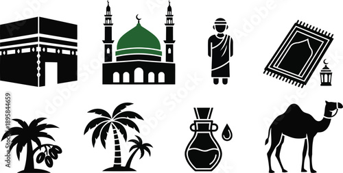 Islamic Hajj and Umrah Pilgrimage Vector Icon Set featuring Kaaba, Masjid Nabawi, Pilgrim in Ihram, Prayer Rug, Camel, and Date Palm Silhouettes