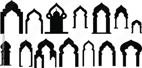 Collection of islamic archways and gateways in black silhouette graphic
