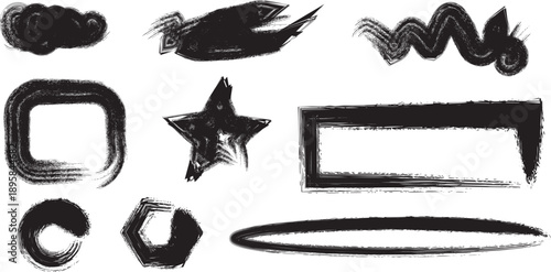 A collection of abstract black brushstroke shapes on a white background
