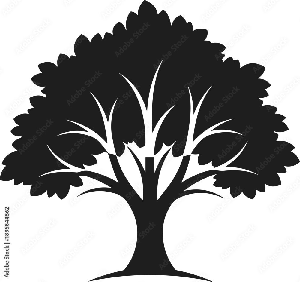 Obraz premium Black leafy tree silhouette with branching structure on white background, clean minimalist nature vector illustration for branding and design use