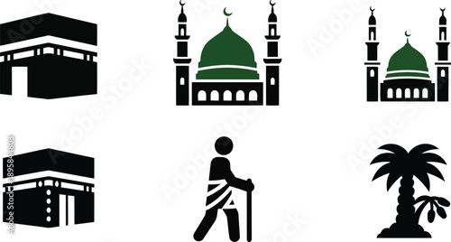 Islamic Hajj and Umrah Icon Set with Kaaba, Mosque, and Pilgrim Silhouette Vector