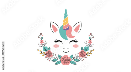 Cute unicorn face illustration with a colorful horn and a beautiful floral wreath made of pink roses and green leaves.