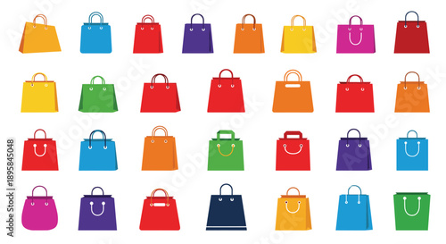 Vibrant set of colorful shopping bags icons in multiple styles and sizes for retail branding and commercial store marketing.