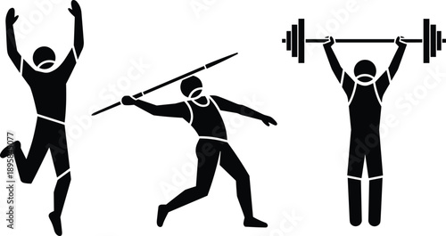 Athlete sport silhouette set, weightlifting javelin jumping collection, fitness training competition illustration isolated black active people design concept bundle