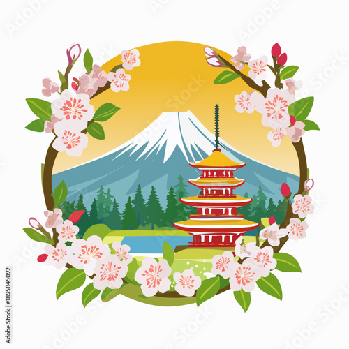 富士と桜と五重塔の絶景