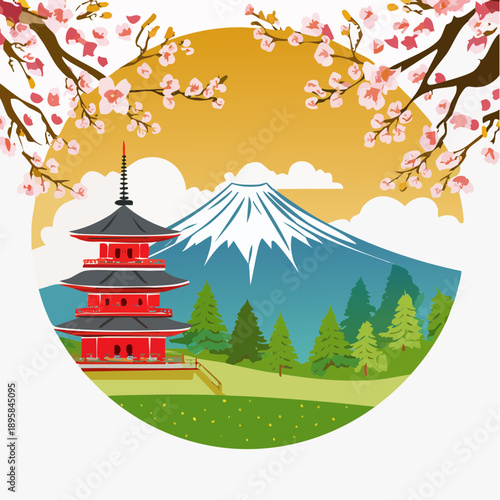 富士と桜と五重塔の絶景