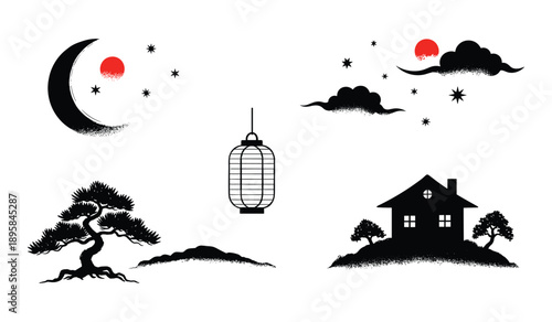 Japanese Night Scene With Crescent Moon Stars Clouds Lantern House And Pine Tree constellations
