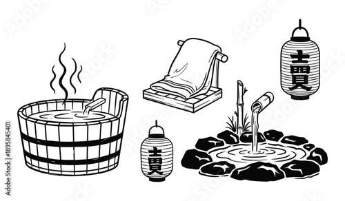 Japanese Onsen Hot Spring Elements And Traditional Lanterns Black And White Line Art bath wooden tub
