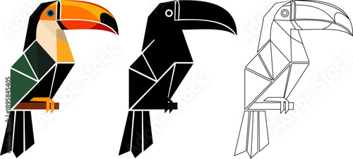 Geometric toucan illustrations in different colors and line art