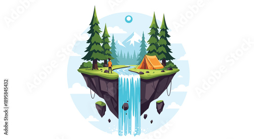 Dreamy fantasy illustration of a floating island campsite with a waterfall, pine trees, and a mountain landscape in the sky.