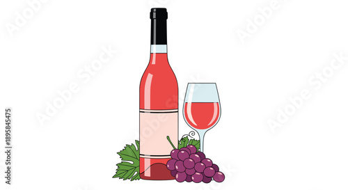 Classic rose wine bottle illustration with a filled glass and a bunch of purple grapes with green leaves on white background.