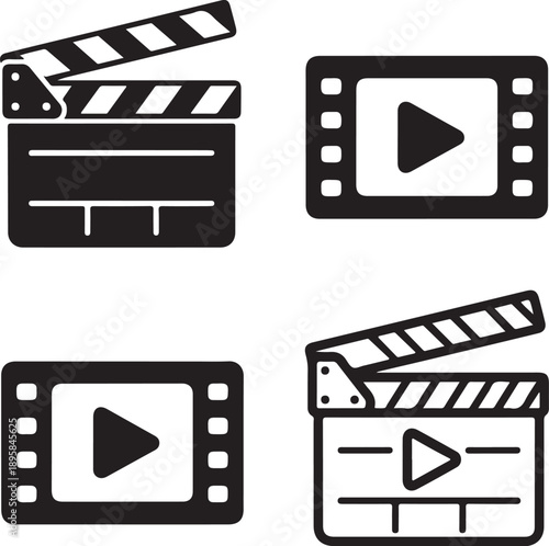 Four black and white film clapboard and play button icons