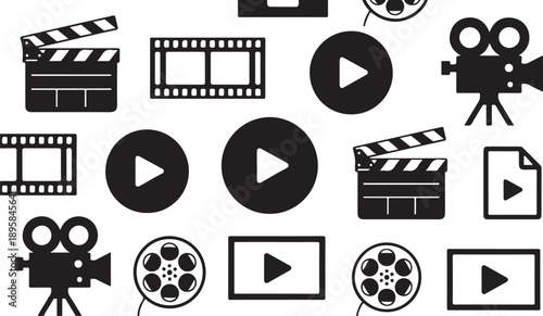 Black and white film and video production icons on white background