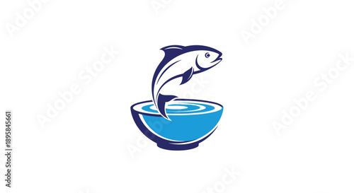Professional blue and white logo design featuring a fish jumping out of a bowl to symbolize fresh seafood and quality food.