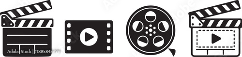 Film and video production icons including clapperboard play button