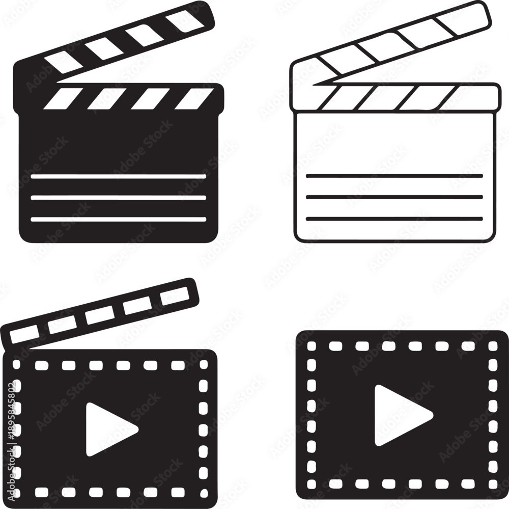 Fototapeta premium Film clapper boards and movie play buttons icons