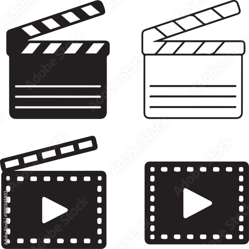 Film clapper boards and movie play buttons icons