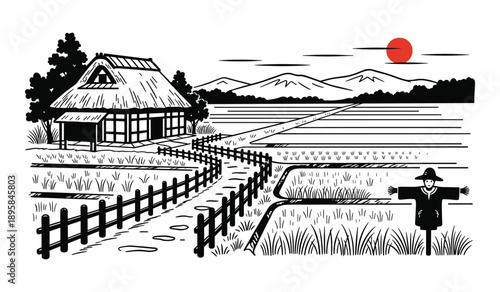 Japanese Rural Landscape With Thatched Roof House And Scarecrow Illustration vector