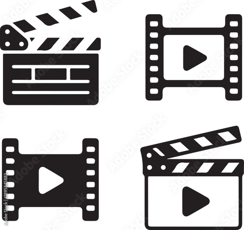 Four black film clapper board and play button icons