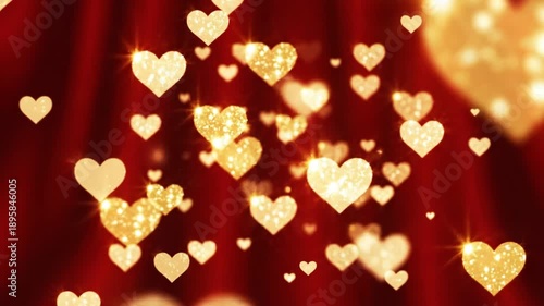 Golden glittering hearts on rich red backdrop, ideal for valentines day, love, romance, celebration, greetings, cards, and festive designs.