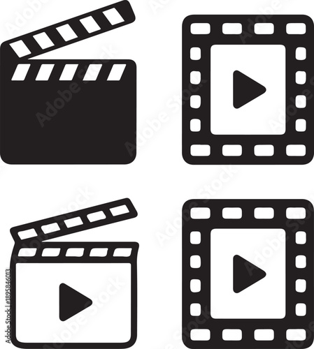 Film clapper boards and movie play buttons icons