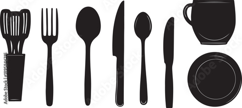 A set of shiny silver silverware including a fork, spoon, and knife isolated on white for restaurant dining and kitchen meal service