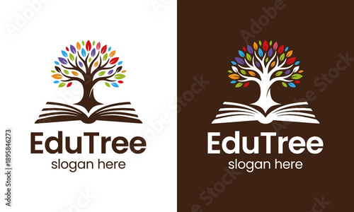 Creative education logo design template illustration. Book concept vector design with colorful tree symbol graphic icon