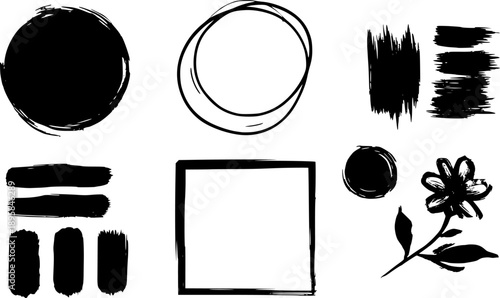 Ink grunge circle square and floral elements collection for design Minimalist black ink smears and frames bundle in sketchy style