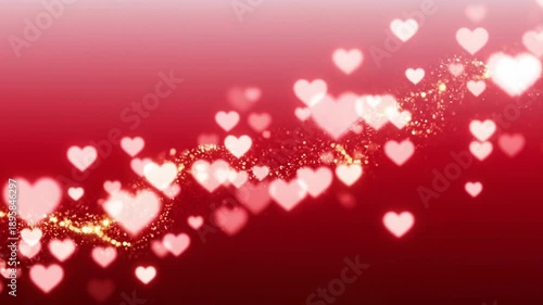 Many small hearts and golden stardust on a vibrant red background, perfect for romantic designs or valentines day projects.