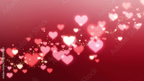 Many light pink hearts glittering against a dark red background, suitable for valentines day design projects and celebrations.