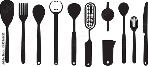 A professional set of black plastic and steel metal kitchen utensils including a fork, spoon, knife, ladle, and spatula isolated on a white background for cooking dinner