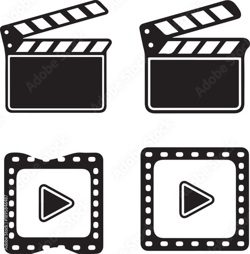 Black and white film clapper boards and play buttons