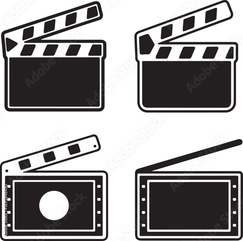 Four black and white movie clapboard icons in different positions