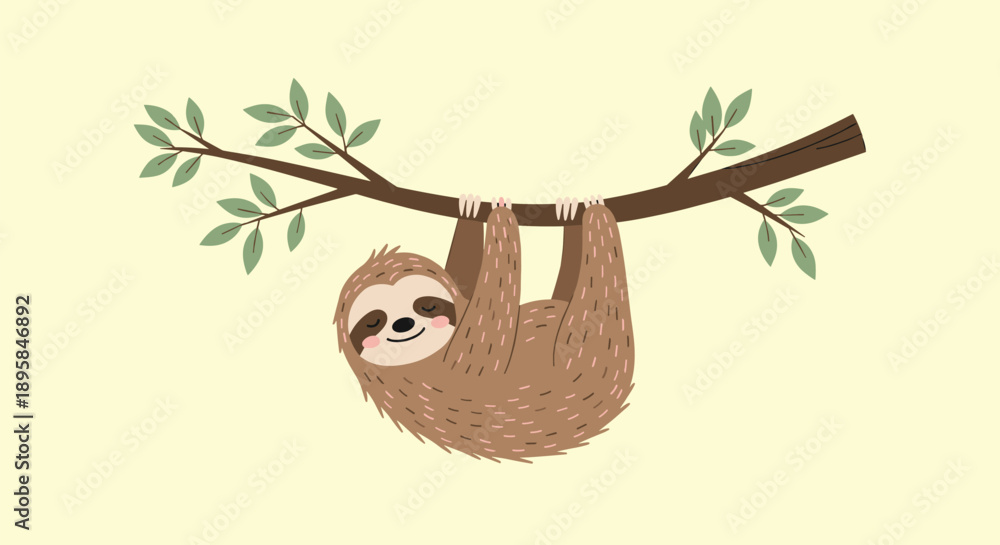 Obraz premium Cute sloth animal hanging lazily from a brown tree branch with green leaves against a soft yellow background for kids designs.