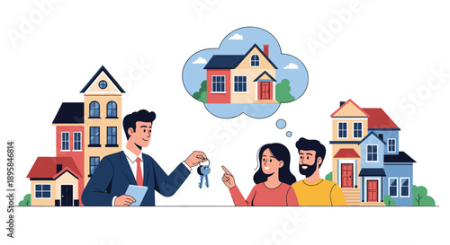 Professional real estate agent handing over house keys to a happy young couple standing in front of suburban residential homes.