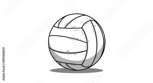 Simple hand drawn style black and white volleyball illustration with a subtle shadow underneath isolated on a white background.