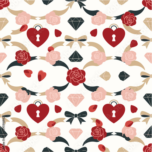 Elegant Vintage Valentine Seamless Pattern With Roses Hearts And Locks