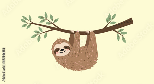 Cute sloth animal hanging lazily from a brown tree branch with green leaves against a soft yellow background for kids designs.