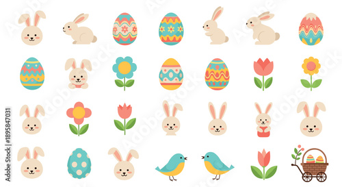 Comprehensive collection of cute Easter holiday elements including bunnies, colorful eggs, flowers, birds, and a wicker basket.
