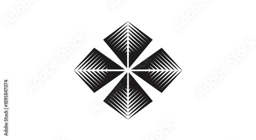 Abstract black geometric star or floral pattern with a four point symmetry design on a clean white background for modern art.