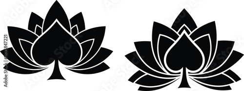 Black lotus logo designs with spade playing card symbol in bold minimalist vector style isolated on white background for luxury branding