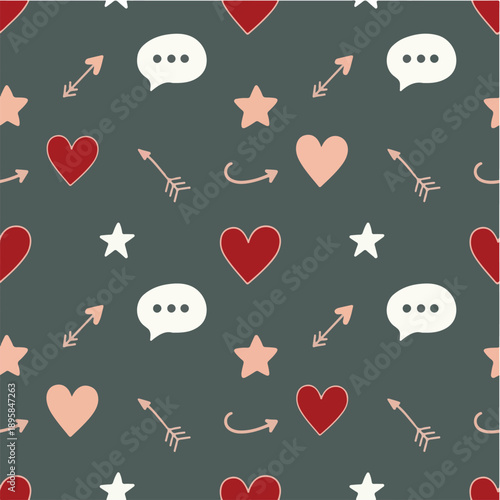 Romantic Valentines Seamless Pattern with Hearts Arrows and Stars