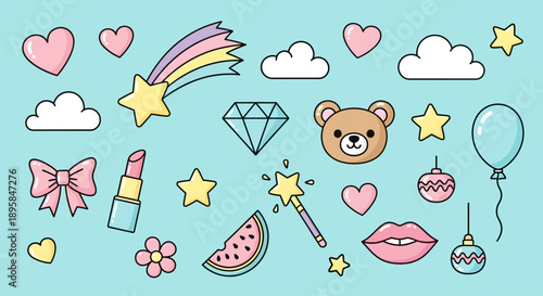 Cute Pastel Kawaii Doodle Icons Illustration Set