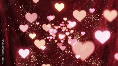 Blurry pink and peach hearts on a red background. Ideal for valentines day cards, romantic designs, lovethemed presentations, and wedding invitations.