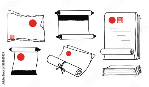 Japanese Scrolls Documents and Seals with Red Sun Symbols Keywords: scroll, document, paper, japan, japanese, tradition, vintage, antique, old, parchment, manuscript, calligraphy, ink, brush, red